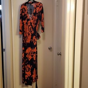 Maxi  blue and orange floral wrap dress v neck 3 /4 sleeve